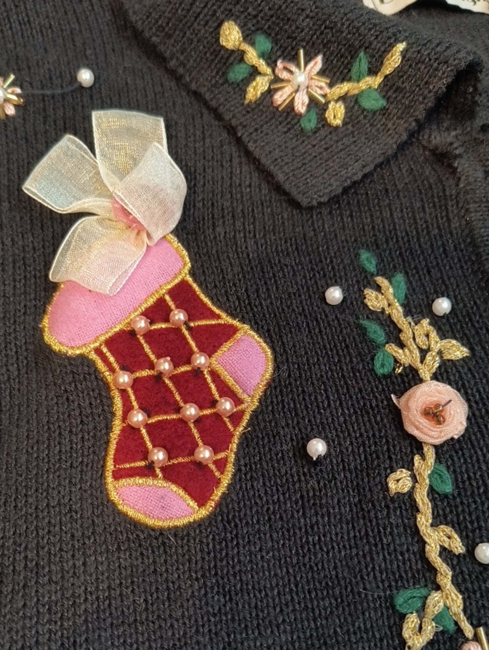VTG 90s BP Design Christmas Cardigan Sweater Beaded Stockings Black XL